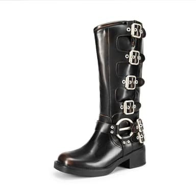 DREAM PAIRS Women's Knee High Riding Boots Side Zipper Motorcycle Boots Square Toe Chunky Heel Fashion Buckles Biker Boots,Size 7,Black/Brown,SDKB2416W - Image 1