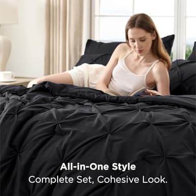 Bedsure Queen Comforter Set Black - Bed in a Bag Queen Size 7 Pieces, GentleSoft™ Pintuck Bed Set Gift for Family, Pinch Pleat Black Comforter with Sheets, Pillowcases & Shams - Image 3