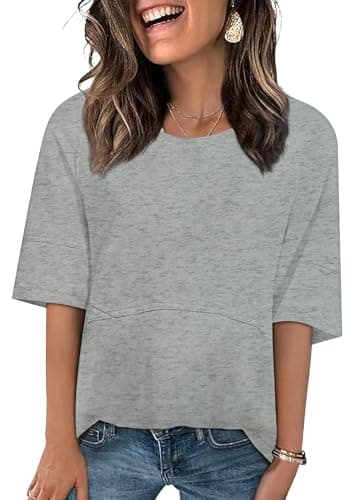 LOZ Womens Boho T Shirts Loose Fit Crewneck 3/4 Sleeve Tops Summer Casual Blouse Flowy 2025 Basic Tee Grey Medium - Image 1