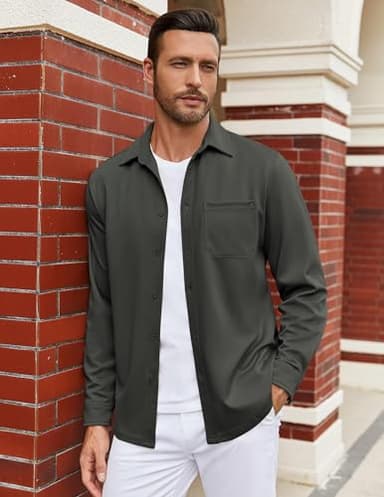 COOFANDY Men's Casual Shirt Solid Casual Button Down Shirts Long Sleeve Dress Shirts with Pocket Dark Grey - Image 3