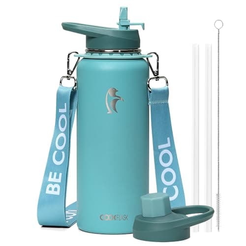 Coolflask Water Bottle 40 oz with Strap, Insulated Metal Water Flask with Straw & Spout Lids, Stainless Steel Double Wall Vacuum, Keep Cold 48h Hot 24h, Leak Proof & Non-BPA, Agate Green - Image 1