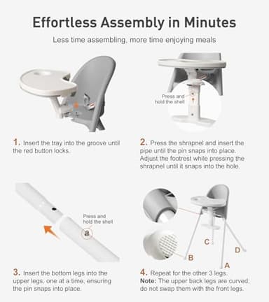 HAN-MM Foldable High Chair, One Click fold,Save Space, Detachable Double Tray, Infant Chair, Car Traveling, 3 in 1 Convertible, 3-Point Harness, Adjustable Footrest, Non-Slip Feet, Adjustable Legs - Image 5