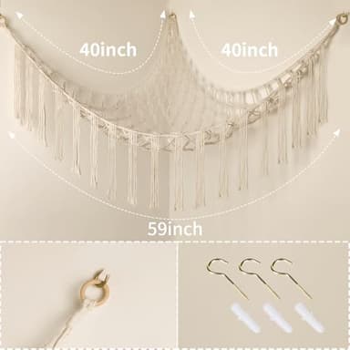 Stuffed Animal Hammock Corner, Hand-knitted Large Plushie Net Toy Hammock with Wooden Rings | Boho Cute Stuff Animal Storage for Nursery & Bedroom | Mesh Kids Toy Organizer Holder Nursery Room Decor - Image 2