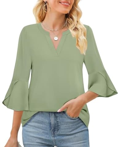 Gaharu Women Shirts for Work: XL Lime Green 3/4 Ruffle Sleeve Summer Tops - Office Blouses - Junior Business Tops Attire - Image 2
