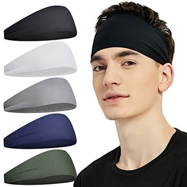 Pilamor Sports Headbands for Men (5 Pack),Moisture Wicking Workout Headband, Sweatband Headbands for Running,Cycling,Football, Yoga,Hairband for Women and Men(Gray, Green, White, Blue, Black) - Image 1