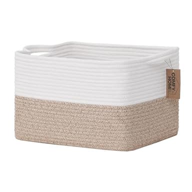 COMFY-HOMI Cotton Rope Woven Basket with Handles for Shelves,Toys,Book, Cloth Storage Baskets for Organizing-13.5" x 11" x 9.5" Toy Decorative Organizer for Living Room, Bathroom (White/Brown) - Image 1