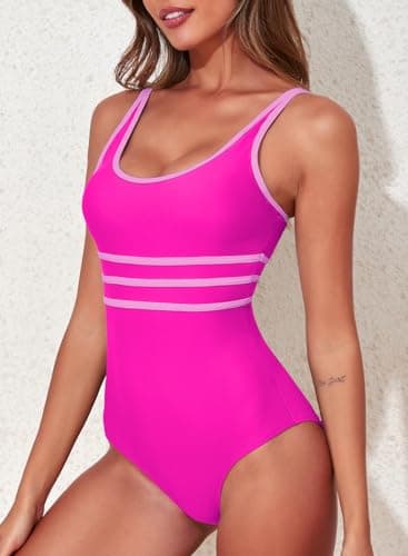Aleumdr One Piece for Women Athletic Bathing Suit Stripe Color Tummy Control Swimsuit Cheeky High Cut Bathing Suits Hot Pink Medium - Image 3