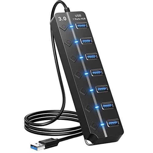 ONFINIO USB Hub 3.0, 7-Port USB Hub Splitter with Individual On/Off Switches and Lights, 3.2ft/1m Long Cable Compatible with MacBook, Laptop, Surface Pro, PS4, PC, Flash Drive, Mobile HDD - Image 1