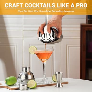 Bartender Kit Cocktail Shaker Set, Stainless Steel Cocktail Kit with 12 Piece Bar Accessories, 25oz Shaker Bar Set Drink Mixer Set with Stand Jigger Strainer Spoon Muddler for Cocktails (Silver) - Image 5