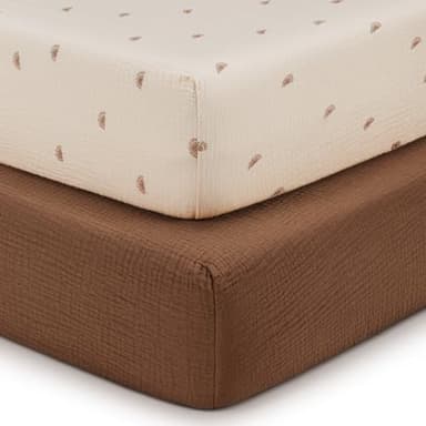 Blissful Diary Muslin Crib Sheets for Girl Boy, Boho Neutral Soft Cotton Baby Sheet for 52''x28'' Standard Crib Mattress, 2 Pack(Sunshine&Brown) - Image 1