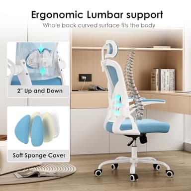 Farini Ergonomic Office Chair, Home Office Desk Chair with Headrest, High Back Computer Chair with Armrests and Adjustable Lumbar Support for Home Office Study Room, White & Blue - Image 3