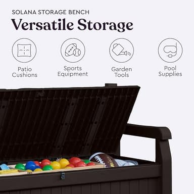 Keter Solana 70 Gallon Storage Bench Deck Box for Patio Furniture, Front Porch Decor and Outdoor Seating – Perfect to Store Garden Tools, Brown/Brown - Image 9