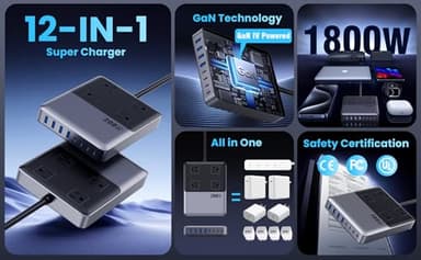 Kioson 12-in-1 Charging Station USB-C Power Strip with 5ft Cord and Plug, 200W GaN IV Charger Block, 4 AC Outlets, 4 USB A&C for MacBook,iPhone 16/15/14, Desktop Charger for Office, Home - Image 8