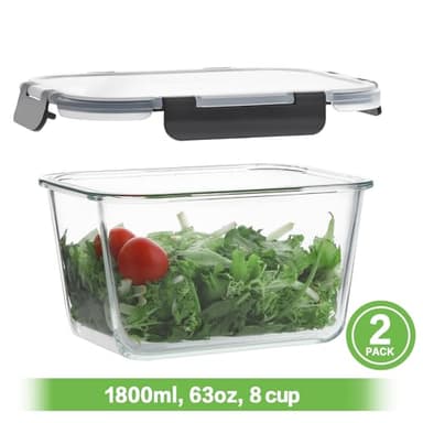 HOMBERKING 4 Pieces 63oz/8cup Large Glass Food Storage Containers with Lids, Meal Prep Containers, Airtight Bento Boxes with Leak Proof Locking (2 Containers + 2 Lids) - Microwave, Oven Safe - Image 2