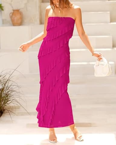 BTFBM Women Summer Elegant Strapless Midi Ruched Bodycon Dress Solid Color Stretch Mesh Slim Party Cocktail Dresses - Image 6