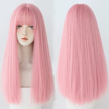 7JHH WIGS Light Pink Wig With Bang Straight Wig For Women Synthetic Neon Pink Wig Colorful Cosplay Wigs For Party And Daily Use(23" Light Pink - Image 4