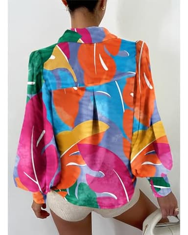 BTFBM Women Fashion Button Down Shirts V Neck Printed Solid Boho Long Sleeve Blouses Dressy Casual Summer Fall Tops(Multicolored, X-Large) - Image 3