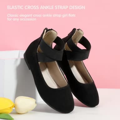 Hehainom Girls Dress Shoes Toddler Little Kids Gracy Ballet Mary Jane Ballerina Flats with Elastic Ankle Strap Black Suede - Image 2