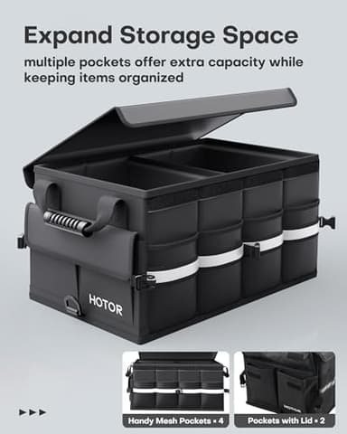HOTOR Car Trunk Organizer - Foldable Trunk Organizer for SUV, Car Storage with Reflective Strips & Securing Cover, Large Capacity Car Accessories for Truck, Van & Sedan, Black, 22.1" x 12.6" x 11.0" - Image 2