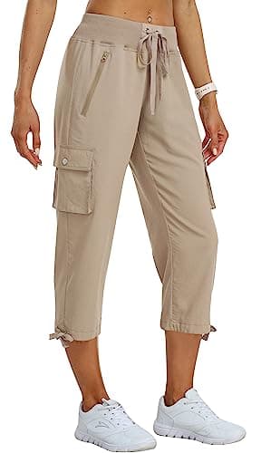 MoFiz Womens Capris with Pockets Loose Fit Casual Capri Pants Lightweight Ladies Cargo Pants for Hiking Khaki 2XL - Image 1
