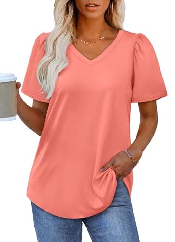 OFEEFAN T Shirts for Women Short Sleeve Pleated Summer Tops Loose Fit V Neck Oversized Tee Shirts Coral 2XL - Image 2