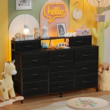 Furnulem 55" W Dresser for Bedroom with LED Lights and Power Outlets,Black Large 12 Storage Drawers Long Fabric Chests Dressers with 2 Shelves for Closet,Living Room,Entryway,Wooden Top,Metal Frame - Image 6