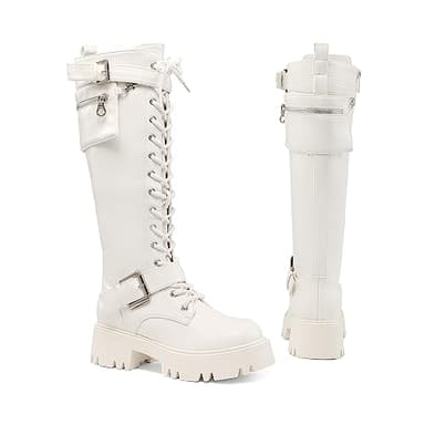 DREAM PAIRS Women's Combat Riding Platform Knee High Boots, Lace Up Fall Lug Sole Gothic Motorcycle Boots with Inside Zipper,Size 7,White,SDKB2304W - Image 3