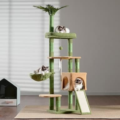 Heybly Cat Tree,Cat Tower for Indoor Cats, 65.4 inches Cat Condo with Perches, Basket, Feeding Bowl Station, Multi-Level Plush Furniture with Scratching Posts, Green and Yellow HCT015GY - Image 8