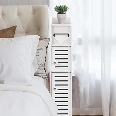 TuoxinEM Storage Cabinet for Small Spaces, Over The Toilet Cabinet for Skinny Bathroom Storage Corner Floor, Slim Paper Holder with 2 Doors & Shelves (White) - Image 6