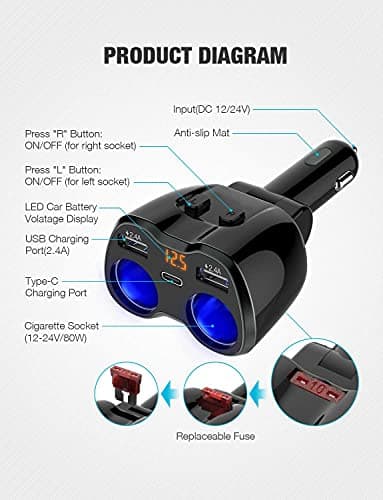 Otium USB C Car Charger, 2 Sockets Cigarette Lighter Splitter 12/24V 80W Dual USB Type-C Ports Separate Switch LED Voltage Display Built-in Replaceable 10A Fuse Compatible Mobile Phone GPS Dash Cam - Image 2