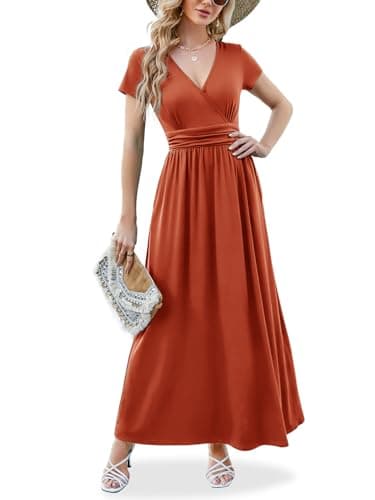 ANRILITA Maxi Dress for Women Wrap V Neck Short Sleeve Empire Pleated Waist Summer Casual Elegant Long Dresses with Pockets Brick Red - Image 1