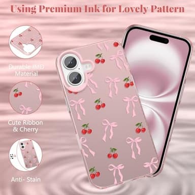 ZTOFERA for iPhone 16 Plus Case,Cute Pink Ribbon Bow Tie Planet Star Floral Aesthetic Phone Case,Trendy Slim Hard IMD Shockproof Protective Bumper Phone Cover for Women Girls,Cherry - Image 4