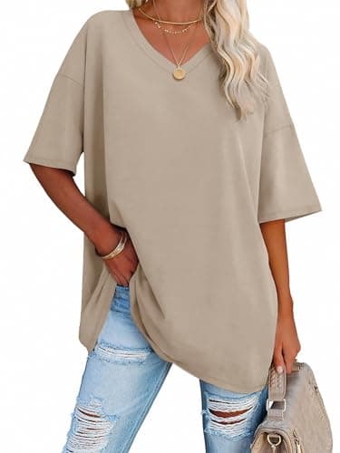ATHMILE Womens Summer Oversized Shirts V Neck Plus Size Spring Workout Tops Beach Vacation 2025 Gym Clothes Khaki - Image 1