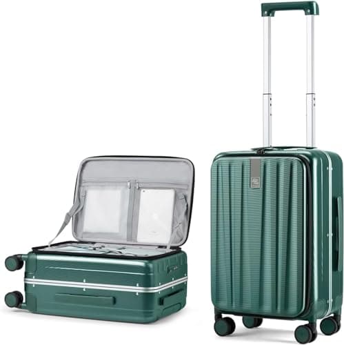 Hanke 20 Inch Carry On Luggage Aluminum Frame Front Opening Rolling Suitcase PC Hard Sided Luggage with Spinner Wheels Travel Luggage for Woman Men Gifts.(Dark Green) - Image 1