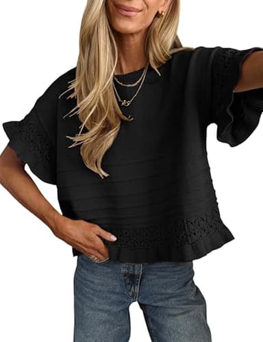 Yeokou Womens Short Sleeve Sweater Round Neck Ruffled Hem Knit Crochet Pullover Summer Fall Casual Top Blouse(Black-L) - Image 2