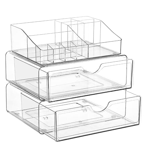Vtopmart 3 Tier Clear Makeup Organizer with Drawer, Cosmetic Storage for Dresser Countertop and Bathroom Vanity, Beauty Holder for Lipstick Brush Skincare - Image 1