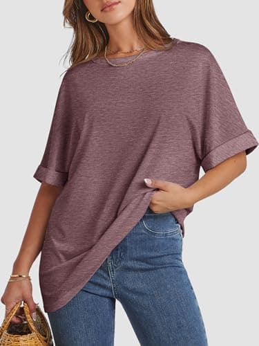 ATHMILE Tshirts Shirts for Women Loose Fit Crewneck Short Sleeve Summer Casual Blouse 2025 Y2K Tee Tops Wine Red - Image 5