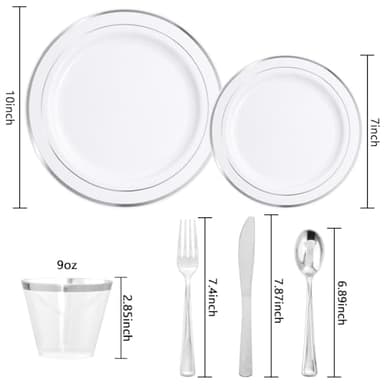 bUCLA 600pcs Silver Plastic Dinnerware Set for 100 Guests - Silver Christmas Dinnerware Set Disposable for Party - Include 100 Dinner Plates,100 Dessert Plates,100Cups,100 Knives,100 Forks,100 Spoons - Image 2