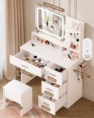 LIVELYGLOW Makeup Vanity Desk Set, 35.4“Wx15.7”Dx53.9“H, White (Smart LED Mirror, with Cushion Stool, Hairdryer Rack, Power-Outlet, 4 Drawers, Open Shelves) - Image 4
