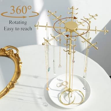 PABOBIT Rotating Necklace Holder Jewelry Stand, Gold Necklace Organizer Display with 48 W-shaped Hooks,Jewelry Organizer for Necklaces Earrings Rings Storage Tree, Presents for Women - Image 2