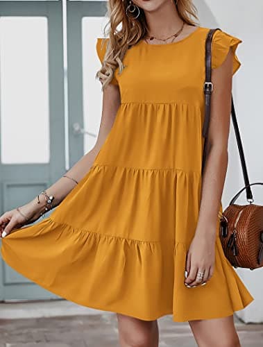KIRUNDO Women's Casual Dresses 2025 Summer Sleeveless Ruffle Sleeve Round Neck Loose Short Flowy Tiered Pleated Mini Dress (Dark Yellow, X-Large) - Image 5