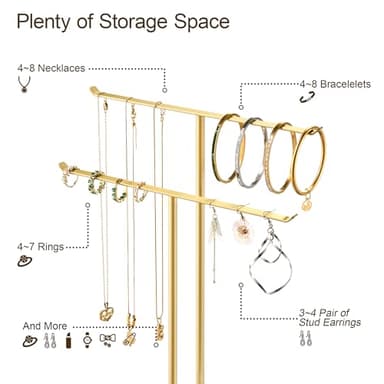 pickpiff Necklace Holder Jewelry Organizer Stand – 2‑Tier T‑Bar Jewelry Display Tree with Tray for Countertop Necklace Bracelet Earring Storage, Vanity Dresser Bathroom Sink, Gold - Image 6