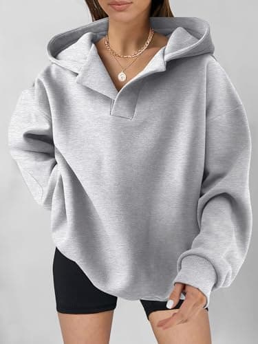 ANRABESS Womens Oversized Hoodies V Neck Sweatshirts Fleece Long Sleeve Pullover Y2K Clothes 2025 Fall Trendy Outfits Light Gray L - Image 2
