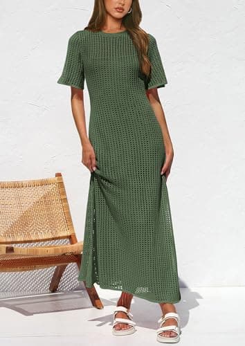 PRETTYGARDEN Womens Eyelet Cover Up Dress 2025 Summer Vacation Resort Maxi Dresses Beach Short Sleeve Hollow Out Sundress (Army Green,Large) - Image 5