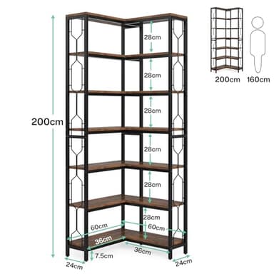 Tribesigns Corner Shelf, 7-Tier Industrial Corner Bookshelf, Wood and Metal Etagere Bookcase, Freestanding Display Shelf for Living Room, Kitchen, Home Office, Rustic Brown - Image 2