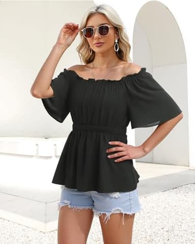 Bebonnie Off The Shoulder Tops: Blouses for Women Dressy Casual - Work Tops for Women Trendy - Ladies Trendy Cute Summer Spring Short Sleeve Polyester Blouse Flowy Peplum Tunics Black L - Image 4