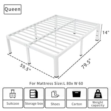ROIL 14 Inch White Queen Bed Frame with Rounded Corner and Headboard Hole Mattress Retainers 3500LBS Heavy Duty Steel Slats No Box Spring Needed Platform Noise-Free Easy Assembly - Image 2