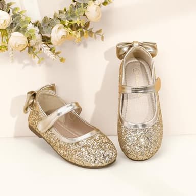PANDANINJIA Toddler/Little Kid Girl's Angela Dress Mary Jane Ballet Flats Bow Flower Girl Wedding Party Ballerina Flat Shoes (Gold Sequin, 10 M US Toddler) - Image 6