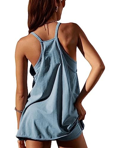 Lentta Womens Athletic Sleeveless Mini Dress with Built-in Shorts V Neck Spaghetti Strap Sundress(Bluegrey-L) - Image 2