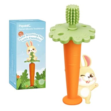 Papablic Baby Toothbrush Teether, Teething Toys 6-12 Months, 360° Carrot Teether Baby Easter Basket Stuffers, First Easter Gifts for Babies, Infant Toothbrush with Suction Base - Image 1